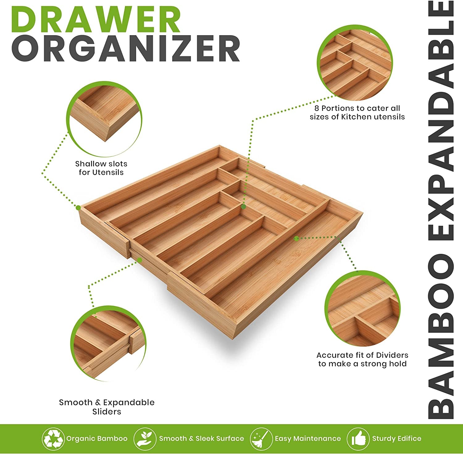 Caddy Expandable Drawer Organizer, Bamboo Dividers Organizer for Kitchen, Silverware, Flatware, Living Room, Makeup Drawer & Utensil Holder, Natural Wood