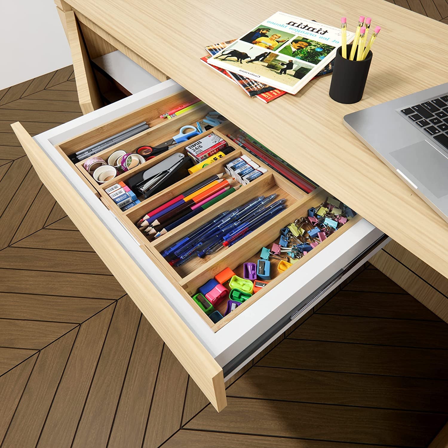 Caddy Expandable Drawer Organizer, Bamboo Dividers Organizer for Kitchen, Silverware, Flatware, Living Room, Makeup Drawer & Utensil Holder, Natural Wood