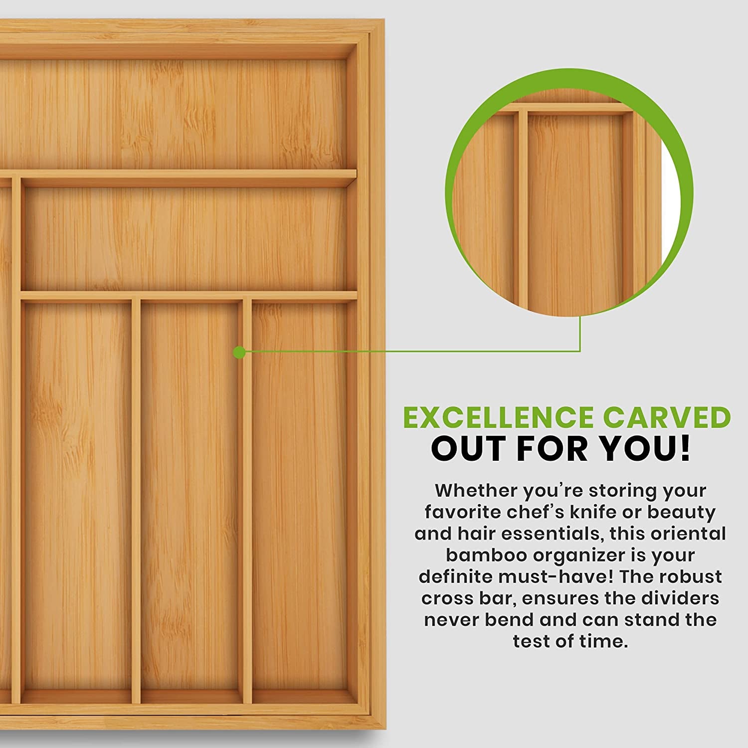 Caddy Expandable Drawer Organizer, Bamboo Dividers Organizer for Kitchen, Silverware, Flatware, Living Room, Makeup Drawer & Utensil Holder, Natural Wood