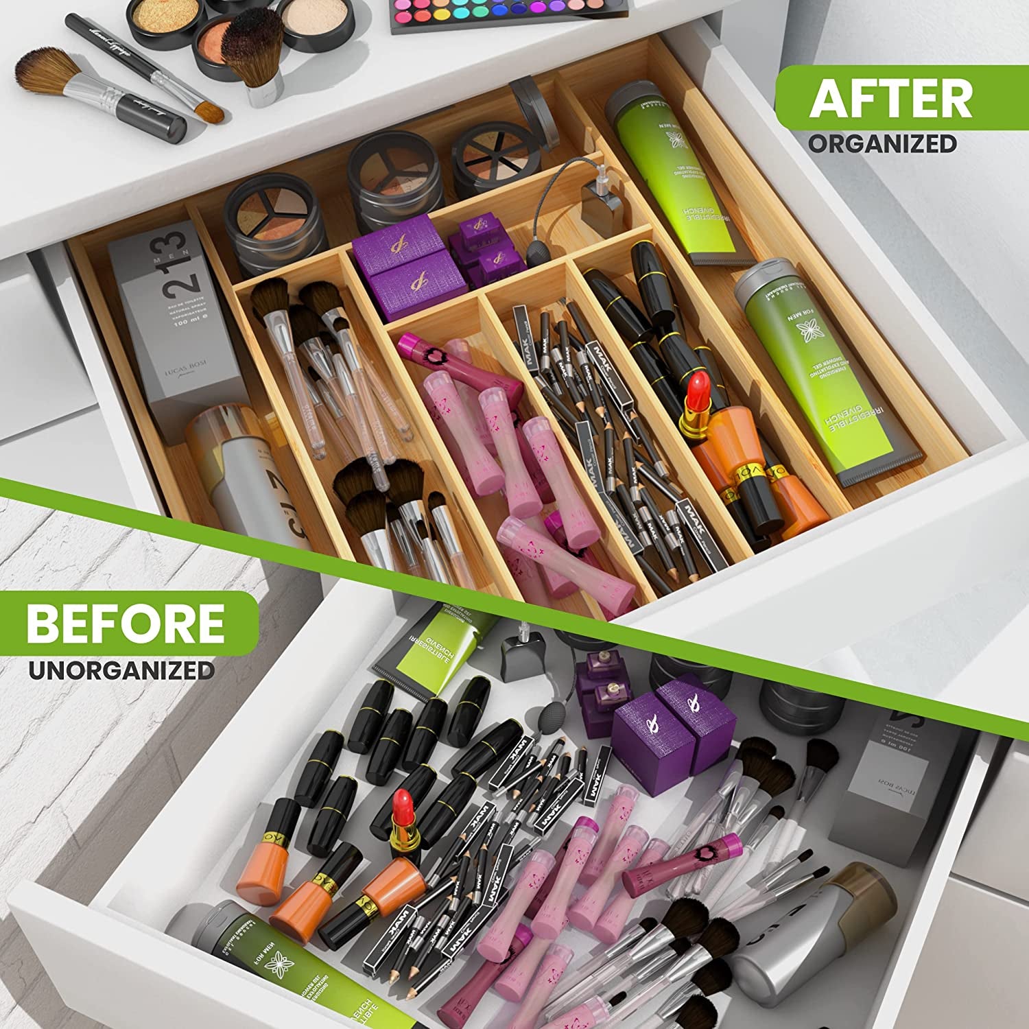 Caddy Expandable Drawer Organizer, Bamboo Dividers Organizer for Kitchen, Silverware, Flatware, Living Room, Makeup Drawer & Utensil Holder, Natural Wood